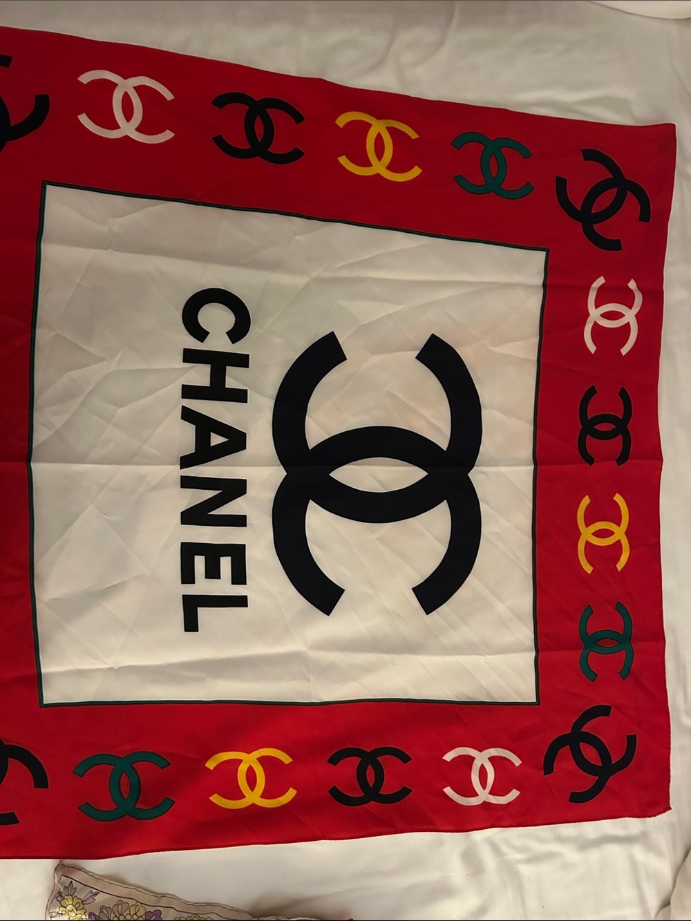 CHANEL Red, Black and White Interlocking CC Border Scarf